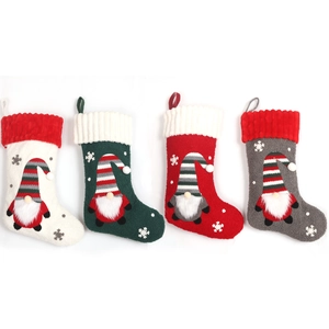 Lot de 4 chaussettes de Noël gnomes en crème, rouge, vert et gris avec boucles d'attache