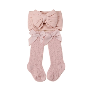 Pink knit baby headband and socks set with bow details and hollow cable pattern