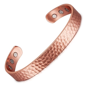 Rode Puur Koperen Magnetische Armband Gehamerde Golftextuur Verstelbare Open Manchet Vintage Gezondheidssieraden
