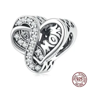 925 Sterling Silver Mom Heart Infinity Charm Bead With White Zirconia For DIY Bracelet Mother Day Women Fashion Jewelry