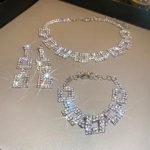 Luxury geometric square link jewelry set with sparkling rhinestones for women