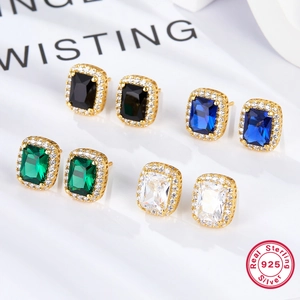 925 Sterling Silver Square Zirconia Stud Earrings For Women French Vintage Luxury Gold Plated Halo Rectangle Gemstone Jewelry