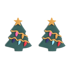 Handmade clay Christmas tree earrings with colorful light bulbs and yellow star top