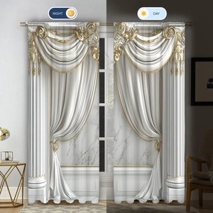 3D floral curtains showing day and night lighting effects with white Roman column patterns
