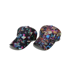 Women's black sun protection baseball cap featuring a trendy mushroom print design