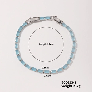 Close-up of 20cm tennis bracelet with light blue rectangular crystal stones in silver setting