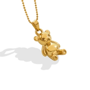 Cute 3D Bear Pendant Necklace 18K Gold Plated Stainless Steel Ball Chain Minimalist Jewelry For Women