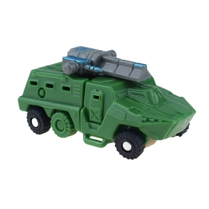Detailed view of an army green 6-wheel armored vehicle toy with a rotating grey turret