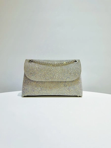 Close-up of sparkling silver rhinestone evening bag with fine metal chain strap