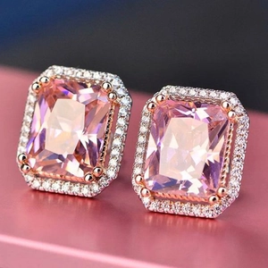 Emerald Cut Pink Zircon Stud Earrings Copper Rose Gold Plated Halo Design Retro Elegant Fashion Jewelry Women