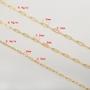 Three sizes of 14K gold-filled paperclip chains with detailed weight and measurement specs
