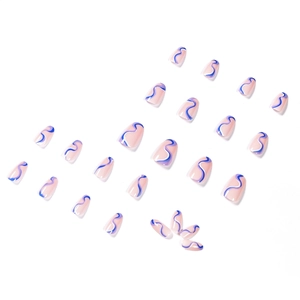 Oval press-on nails with nude pink base and stylish blue wave lines in 24 piece set
