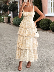 Floral print chiffon maxi dress featuring square neckline and tiered ruffle skirt detail