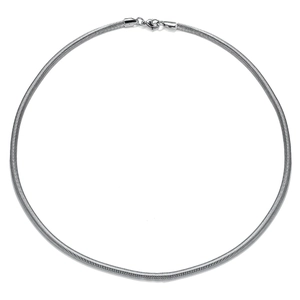 Macro shot of silver stainless steel snake chain with a high-polish finish and lobster clasp