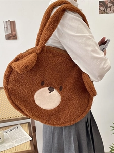 Cute brown plush teddy bear tote bag for women made of soft faux shearling fleece