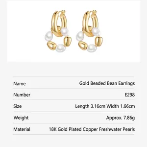 Baroque freshwater pearl hoop earrings with 18K gold plated beads for elegant women