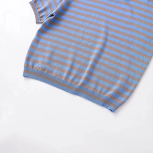 Short sleeve knit sweater with classic blue and brown horizontal stripes on white