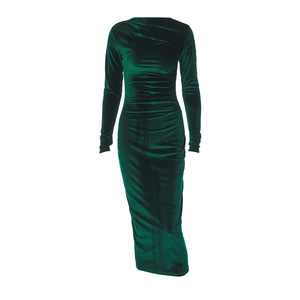 Elegant dark green velvet long sleeve bodycon dress with flattering ruched crew neck