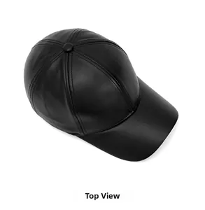 Detailed view of the fine texture and stitching on this black PU leather baseball cap