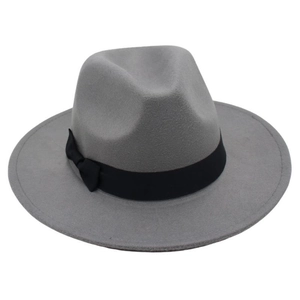 Detail of dark grey wool felt fedora featuring a classic black grosgrain ribbon bow