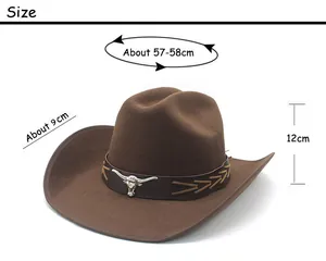 Size chart for vintage brown felt cowboy hat with bull head ornament and wide brim