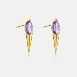 Detail view of gold S925 silver stud earrings with purple marquise stones and metal cones