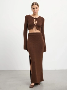 Women's 2-piece dark brown knit set with lace-up long sleeve top and side slit maxi skirt