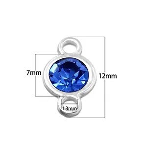 Silver jewelry connector with 7mm round blue crystal and double loops, 12mm total height
