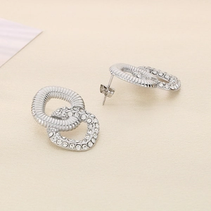 Macro shot of silver dual-loop earrings featuring twisted metal and pave-set white crystals