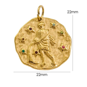 Detail of 22mm 14K gold stainless steel Aquarius coin pendant with colorful crystals