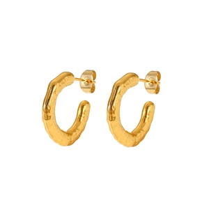 Elegant 18K gold-plated stainless steel C-shaped hoop earrings with textured finish