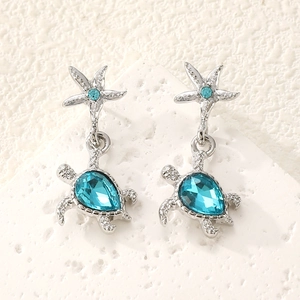 Starfish and sea turtle drop earrings in silver with blue crystal stones for women
