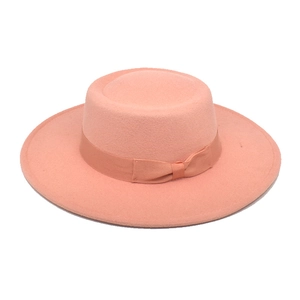 Elegant peach wool boater hat with ribbon bow, flat top wide brim winter jazz style