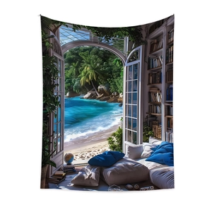 Detail of bohemian tapestry featuring tropical beach view and cozy study room interior