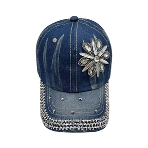 Denim baseball cap with rhinestone flower pattern and crystal-embellished brim