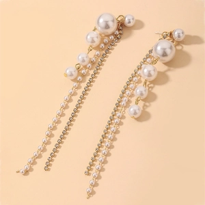 Long Tassel Dangle Earrings With Faux Artificial Pearl Rhinestone Alloy And 925 Sterling Silver Earring Post For Women Elegant