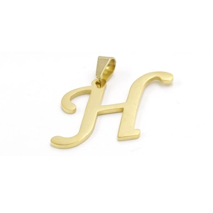 Detail view of 18k gold plated stainless steel letter H pendant with polished finish