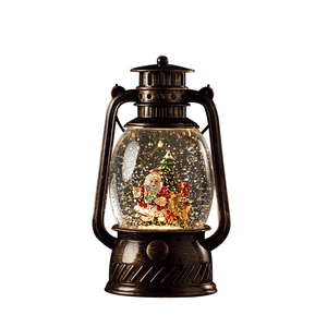 Vintage bronze Christmas lantern music box with Santa and snow globe effect