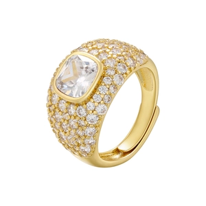 Detailed view of gold wide ring with square white gemstone and micro-pave setting