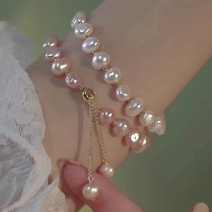 Handmade Freshwater Pearl Bracelet For Women Gold Alloy Beads Adjustable Simple Style Elegant Drawstring Jewelry Accessory Gift