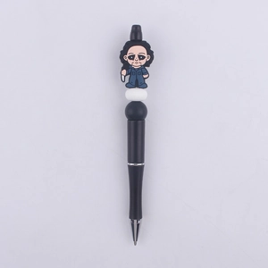 Detail of DIY Halloween beaded pen featuring a horror movie character silicone topper