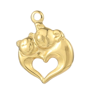 Polished gold stainless steel heart pendant featuring two cute hugging cartoon bears