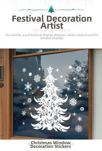 Detail of white Christmas tree window sticker with snowflake patterns for glass decoration