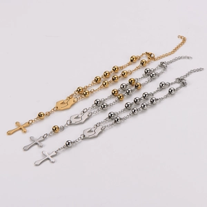 Fashion stainless steel beaded bracelet with handshake clasp and cross charm in gold and silver