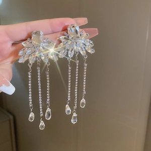 Crystal Rhinestone Flower Tassel Dangle Earrings With Silver Earring Post Elegant Luxury Wedding Party Jewelry For Women