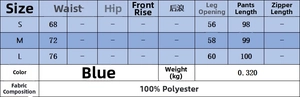 Size chart for blue cutout polo top and trousers set showing S M L measurements in cm
