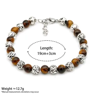 Tiger eye stone bead bracelet for men with silver hollow metal accents and lobster clasp