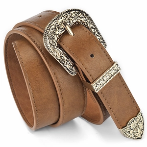 Detail of brown leather belt with vintage floral engraved gold buckle and metal tip accents