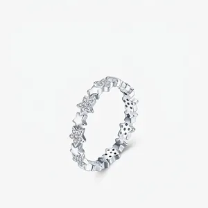 925 Sterling Silver Star Ring Sparkling Cubic Zirconia Stackable Eternity Band For Women Fashion Jewelry Gift