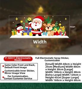 Detail showing Santa Claus and Reindeer static window stickers with size specifications